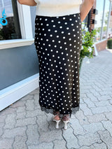 Black Polka Dot Lace Hem Satin Skirt