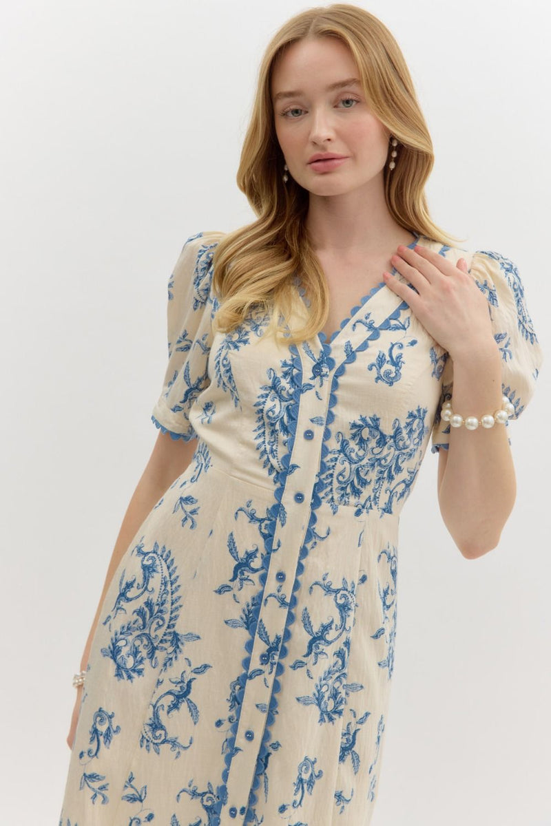 Cream with blue Paisley & Blue Scallop Trim Dress