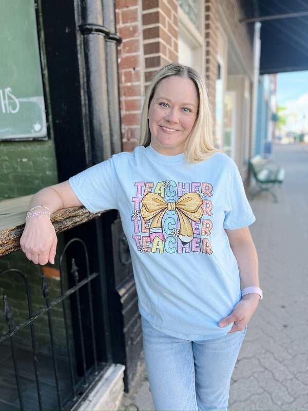Light Blue Bow Teacher Tee