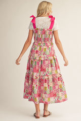 Pink Tie Shoulder Floral Midi Dress