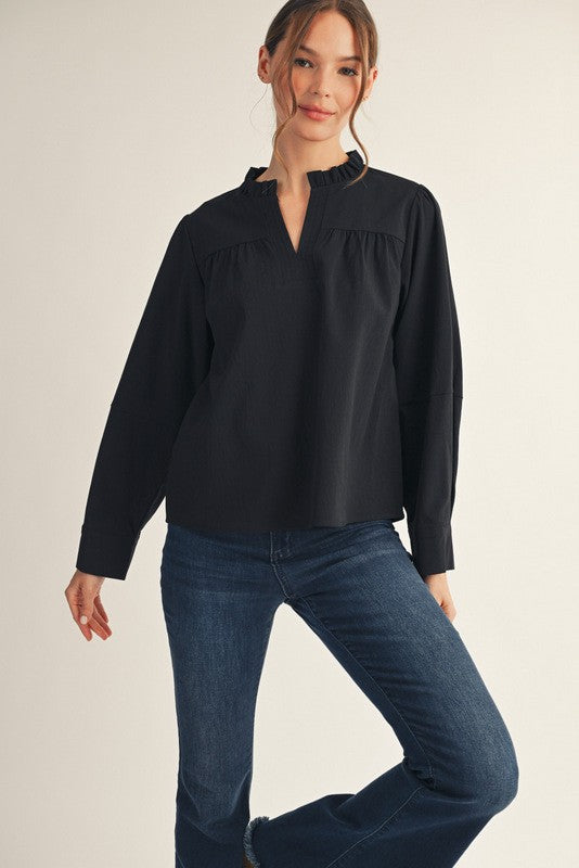 Black Pleated Long Sleeve Top