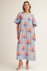 Blue Floral Flutter Sleeve Midi Dress
