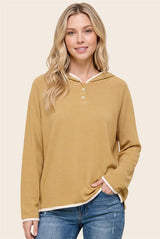Color Trimmed Button Neck Long Sleeve Top