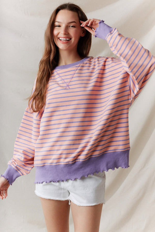 Peach Pin Stripe Terry Top With Lettuce Rib