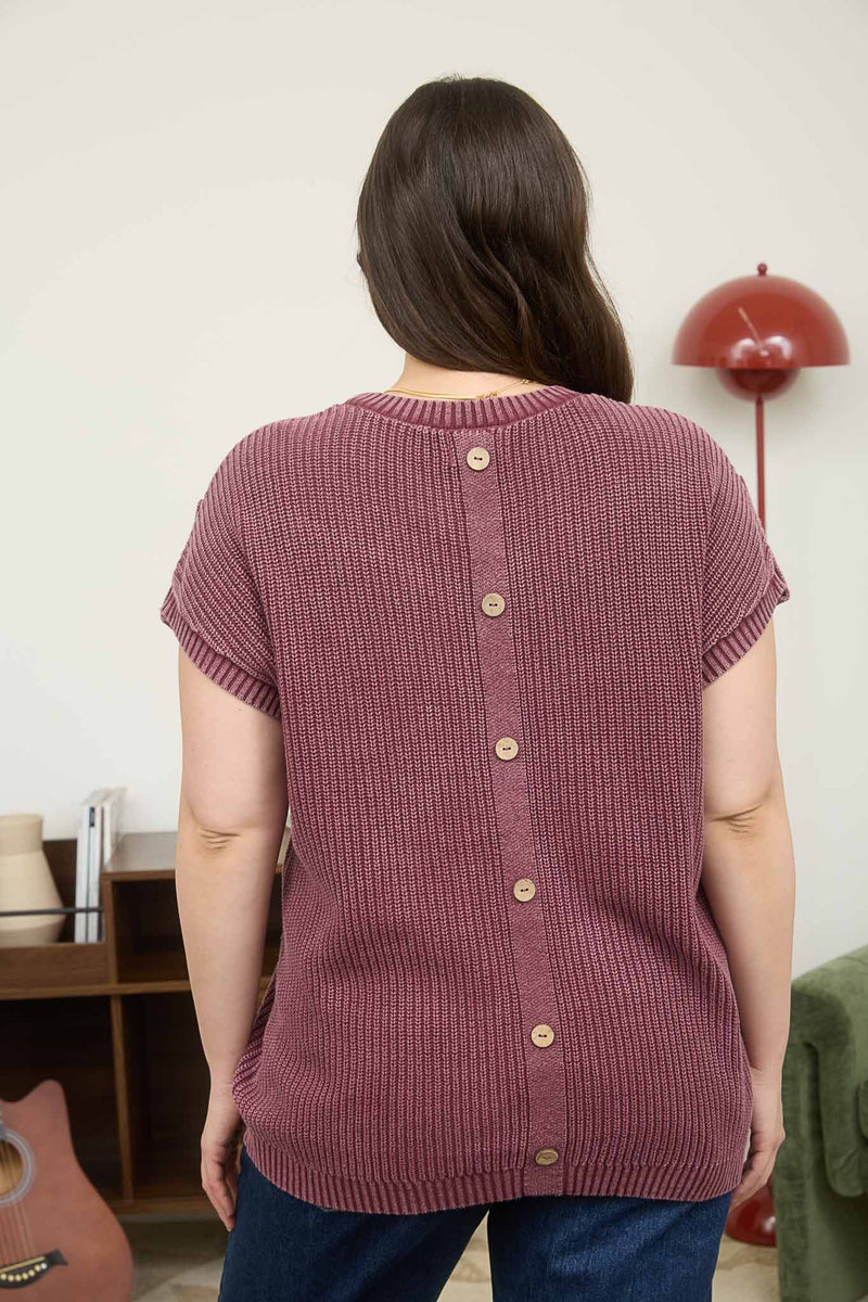 Curvy Washed Knit Short Sleeve Pullover Sweater