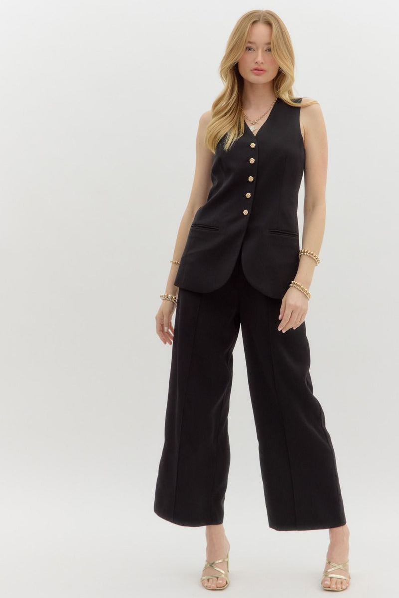 Black Elastic Waist Front Seam Dress Pants