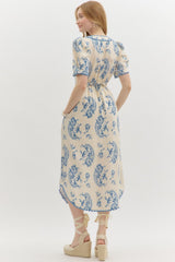 Cream with blue Paisley & Blue Scallop Trim Dress