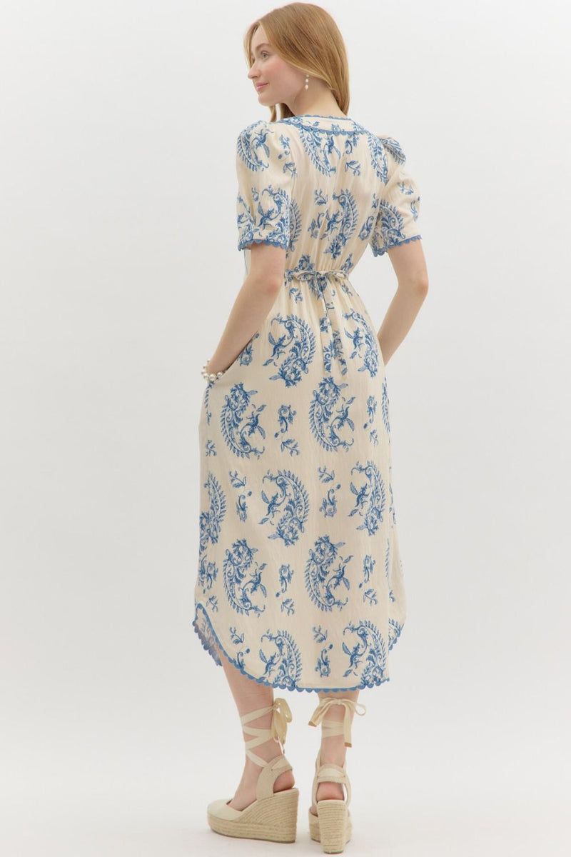 Cream with blue Paisley & Blue Scallop Trim Dress
