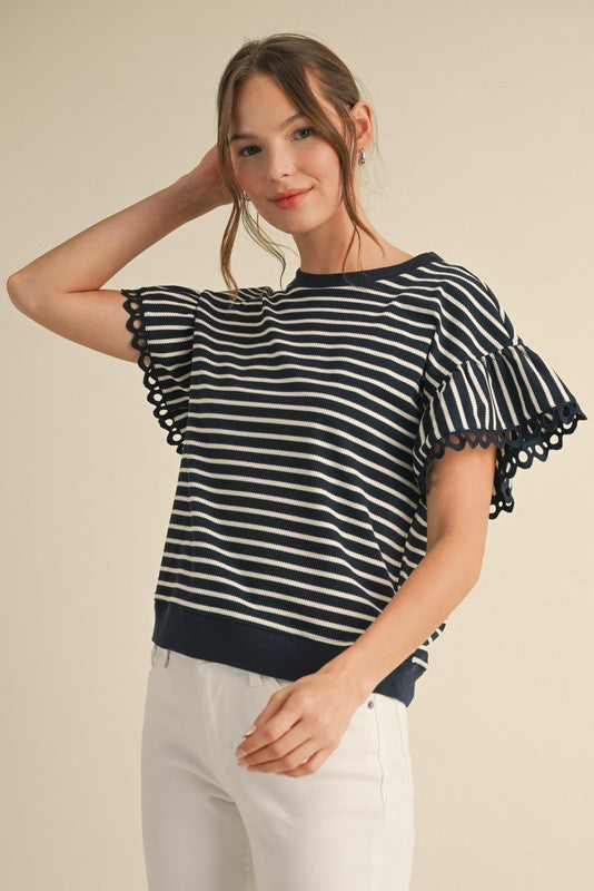 Navy and Off White Striped Crochet Detail Top