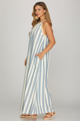 Blue Halter Neck With Wooven Neck Trim A-Line Maxi