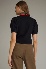 Black Solid Puff Sleeve Top With Leopard Scarf