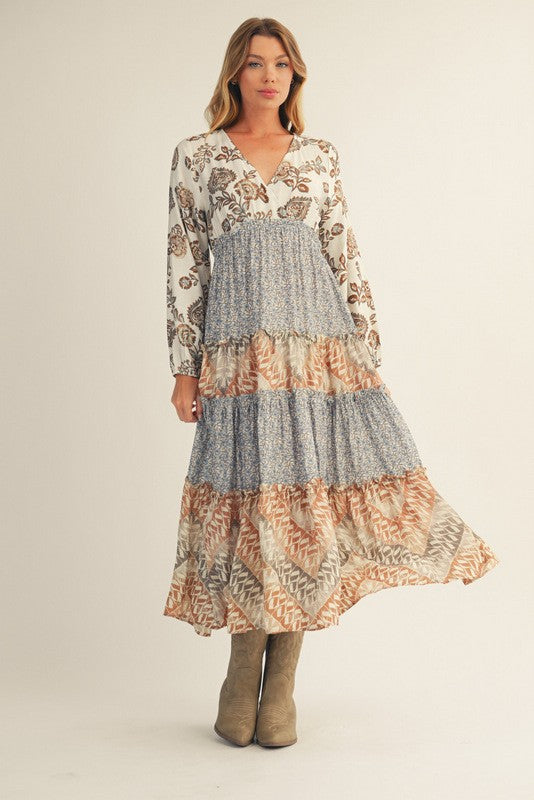 Caramel Patch Work Tiered Midi Dress