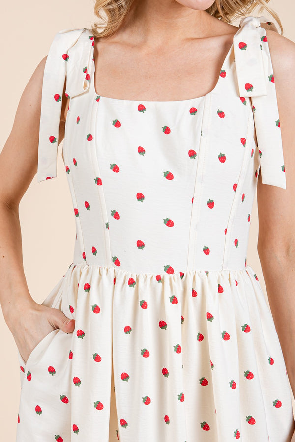 Cream Strawberry Print Ruffle Midi Dress