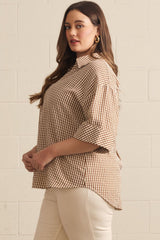 Curvy Brown Checked Collared 3/4 Button Sleeve