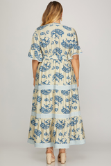 Curvy Blue Printed Short Ruffled Sleeve Tiered Maxi Dress