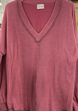 Ribbed V-Neck Out Stitched Dolman Sleeve Top