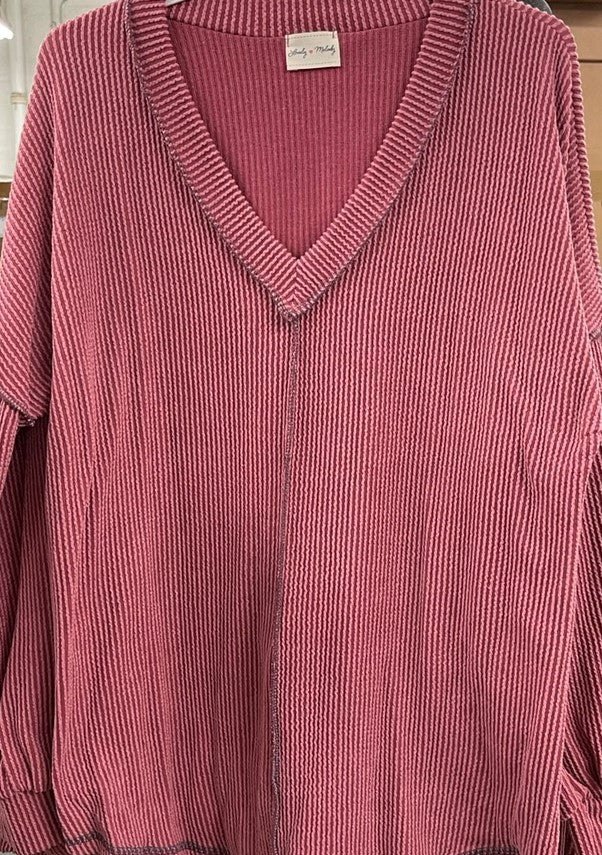 Ribbed V-Neck Out Stitched Dolman Sleeve Top