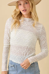 Ivory Floral Embossed Print Flower Knit Top