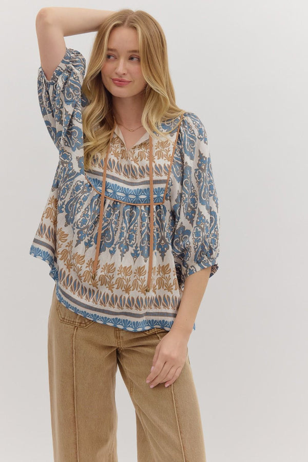Slate Damask 3/4 Sleeve Top
