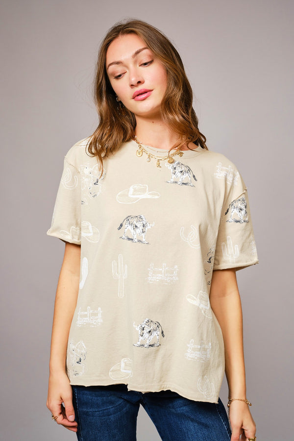 Beige Western Printed Round Neck Short Sleeve Top