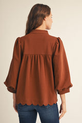3/4 Puff Sleeve V Neck Scallop Hem Top