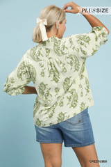 Curvy Green Paisley Print V Neck Top
