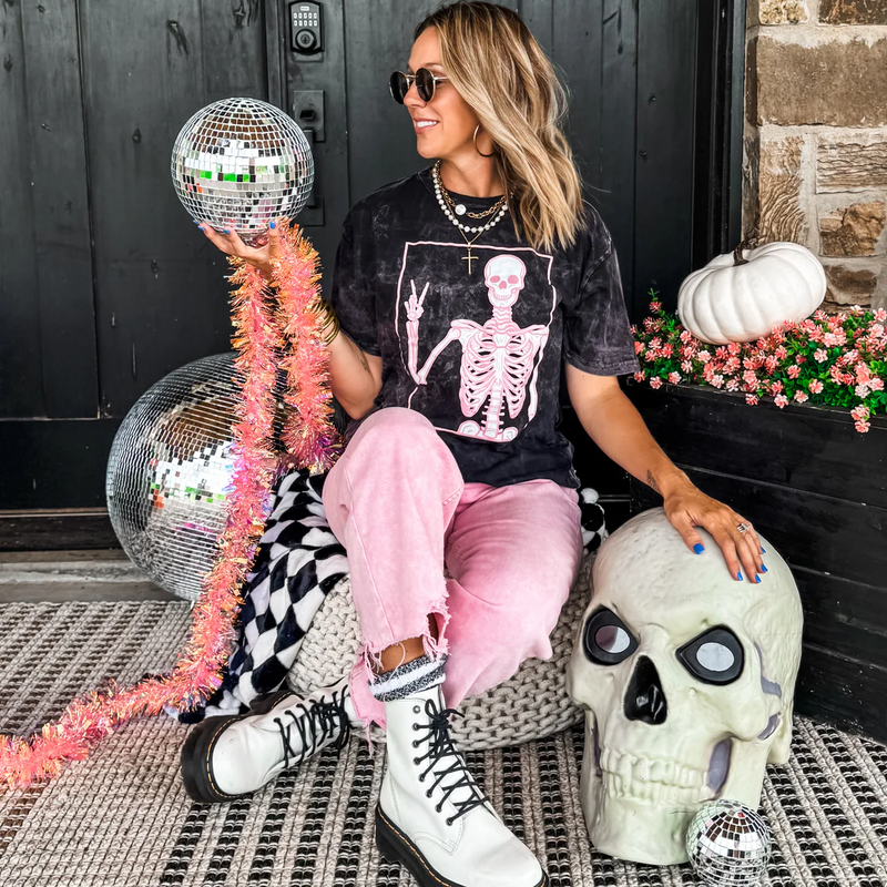 Peace Pink Skeleton On Vintage Mineral Wash Tee