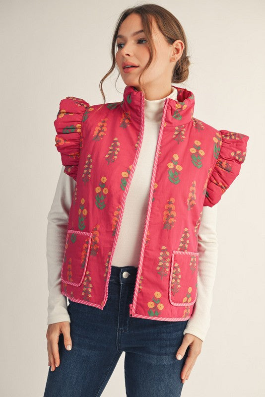 Magenta Floral Patterned Vest With Pockets