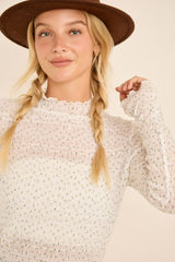 White Floral Long Sleeve Top With Ruffle Trim