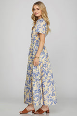 Cream and Blue Floral Printed Maxi Dress with Half Sleeves