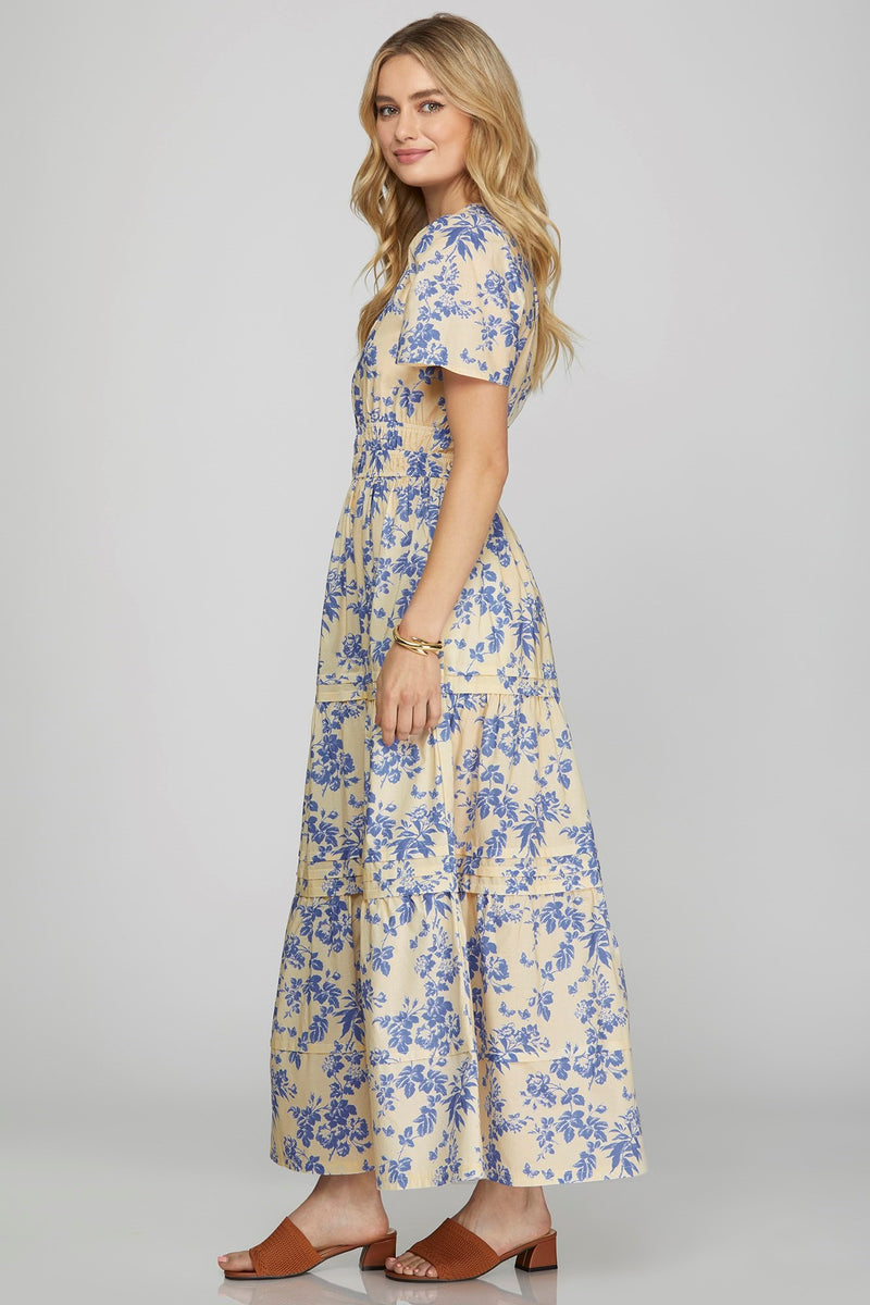 Cream and Blue Floral Printed Maxi Dress with Half Sleeves