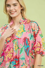 Pink Mix Paisley Print V Neck Dress