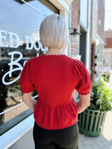 Brick Scalloped Edge Peplum Short Sleeve Sweater