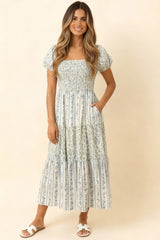 Curvy Ivory Striped Floral Tiered Cap Sleeve Dress