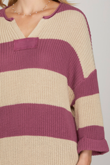 Mauve and Cream Striped V Neck Sweater