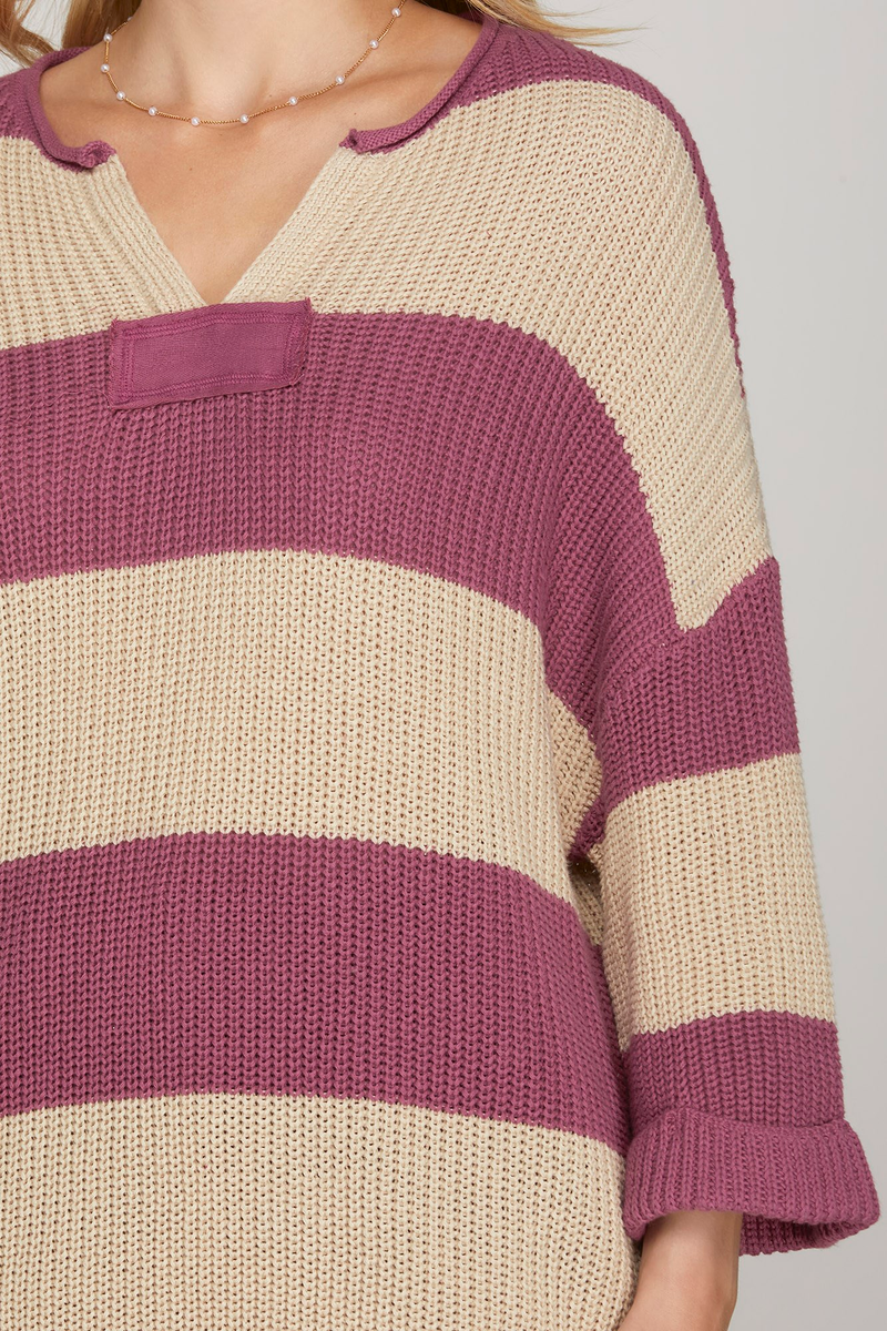Mauve and Cream Striped V Neck Sweater