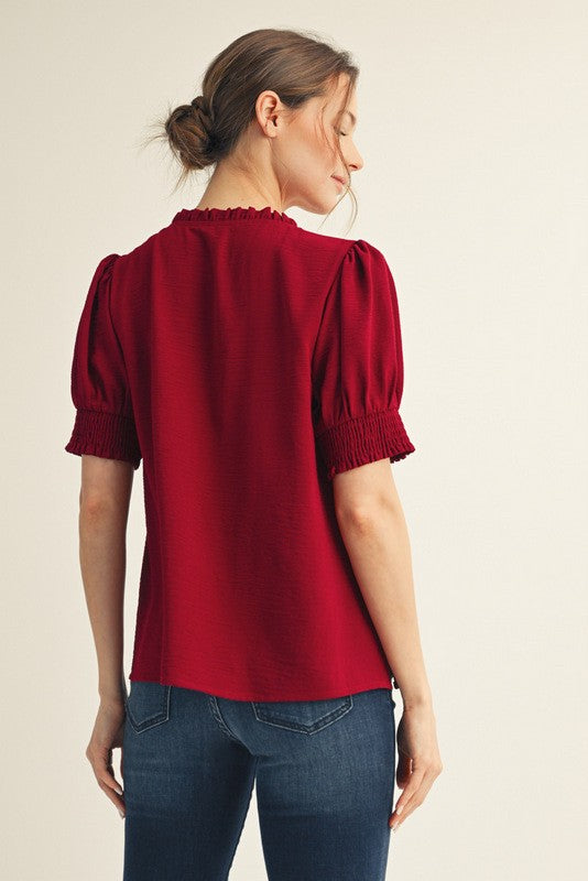 Burgundy Puffed Short Sleeve Top