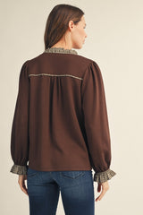 Brown Ruffle Plaid Contrast Top