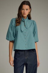 Blue Stripe Self Tie Neck Puff Sleeve Top