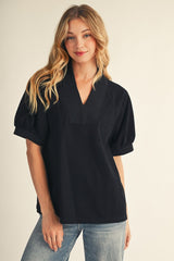 Rib Contrast V- Neck Top