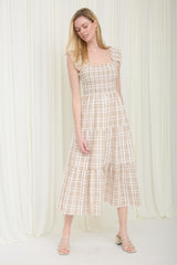 Plaid Smocked Ruffle Strap Midi Dress