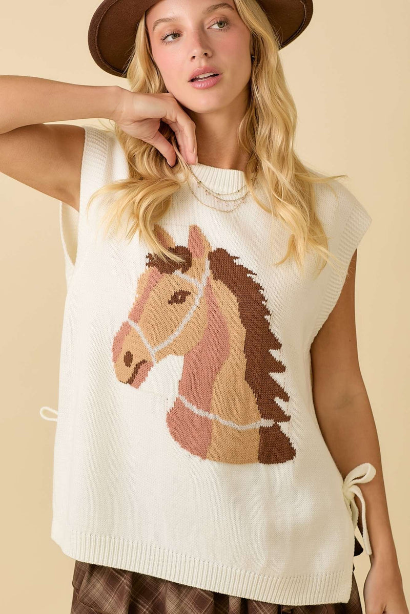 Western Horse Oversized Sleeveless Sweater Knit Top