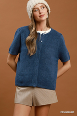 Blue Short Sleeve Button front Sweater