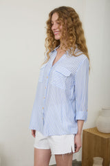 Blue and White Stripe Collared Button Down Top