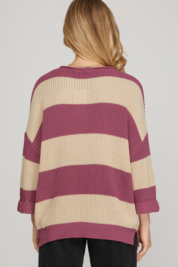 Mauve and Cream Striped V Neck Sweater