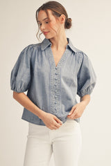 Denim Short Puff Sleeves Button Down Top