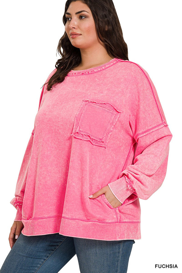 Curvy Acid Wash Sweatshirt With Pockets
