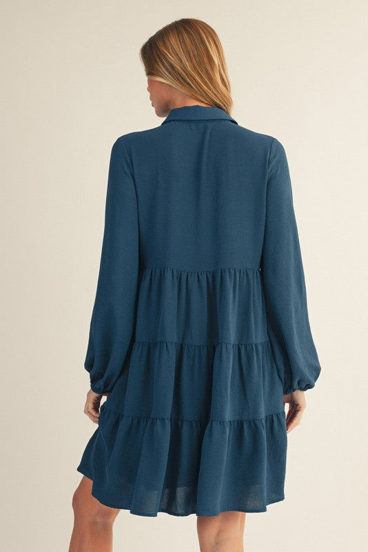 Teal Tiered Button Down Dress