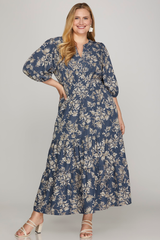 Curvy Dusty Blue Floral V-Neck Dress