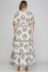 Curvy Blue Damask Short Sleeve Contrast Tiered Dress